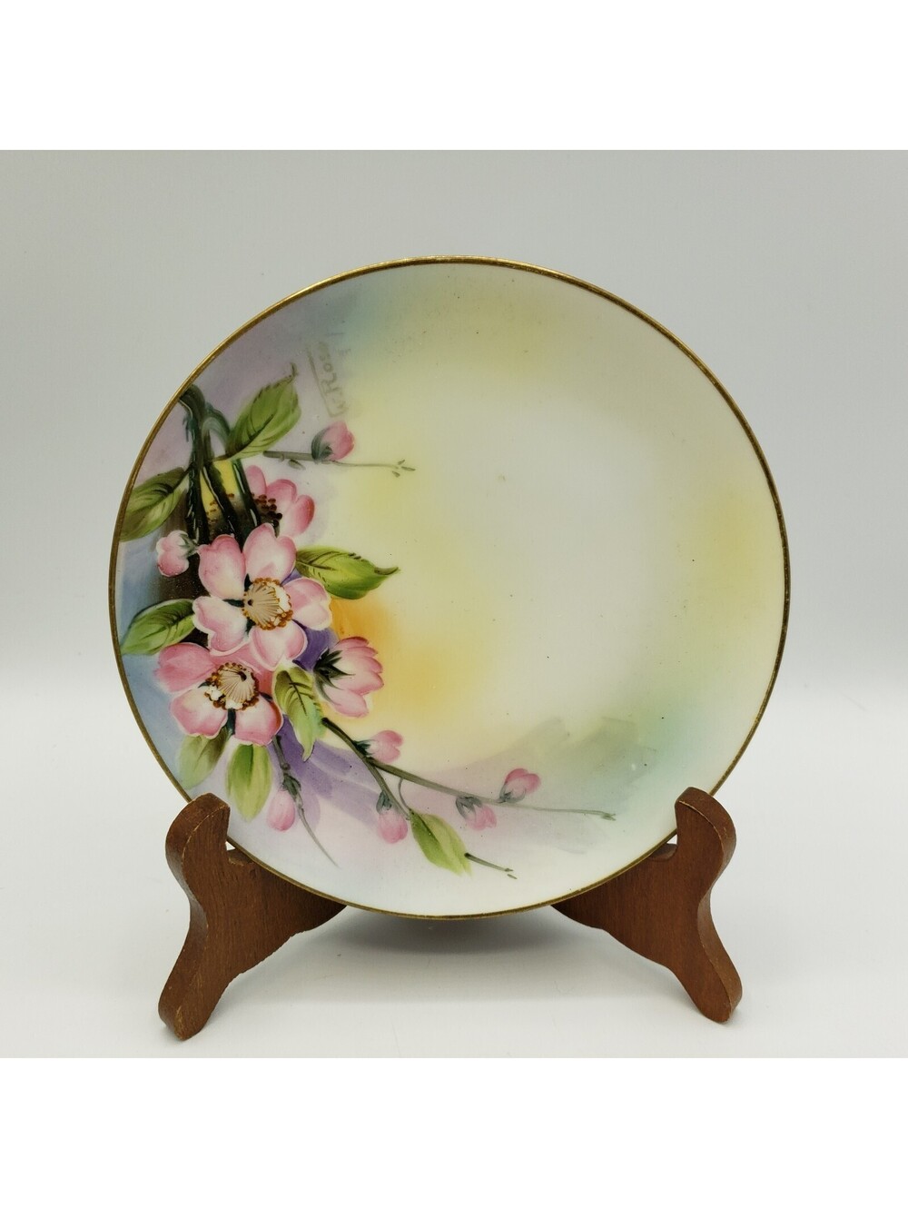 Vintage Nippon Hand Painted Porcelain Plate Pink Dogwood Gold Trim Signed
